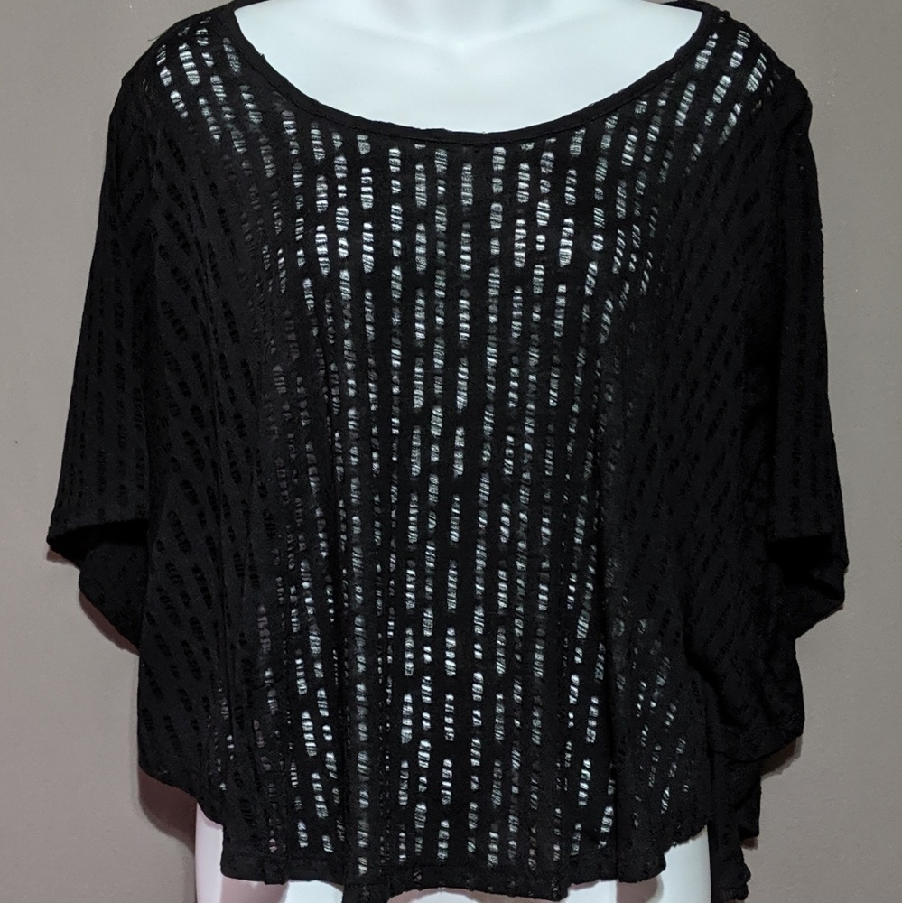 Black batwing sheer distressed pattern blouse